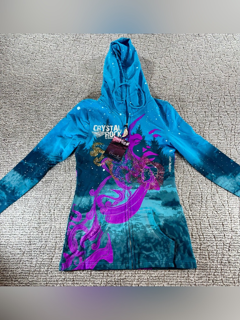 NWT Christian Audigier Womenโs Medium Crystal Rock Zip Up Hoodedโ Jacket